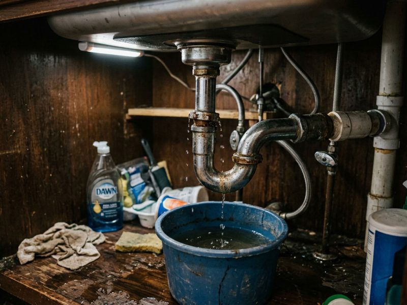 Leaking drain pipe beneath a kitchen sink
